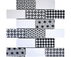  MOZAIKA ceramiczna, cegiełka biało-czarna ze wzorem
