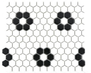 MOZAIKA CERAMICZNA HEXAGON, BIAŁO-CZARNY HEKSAGON ZE WZOREM